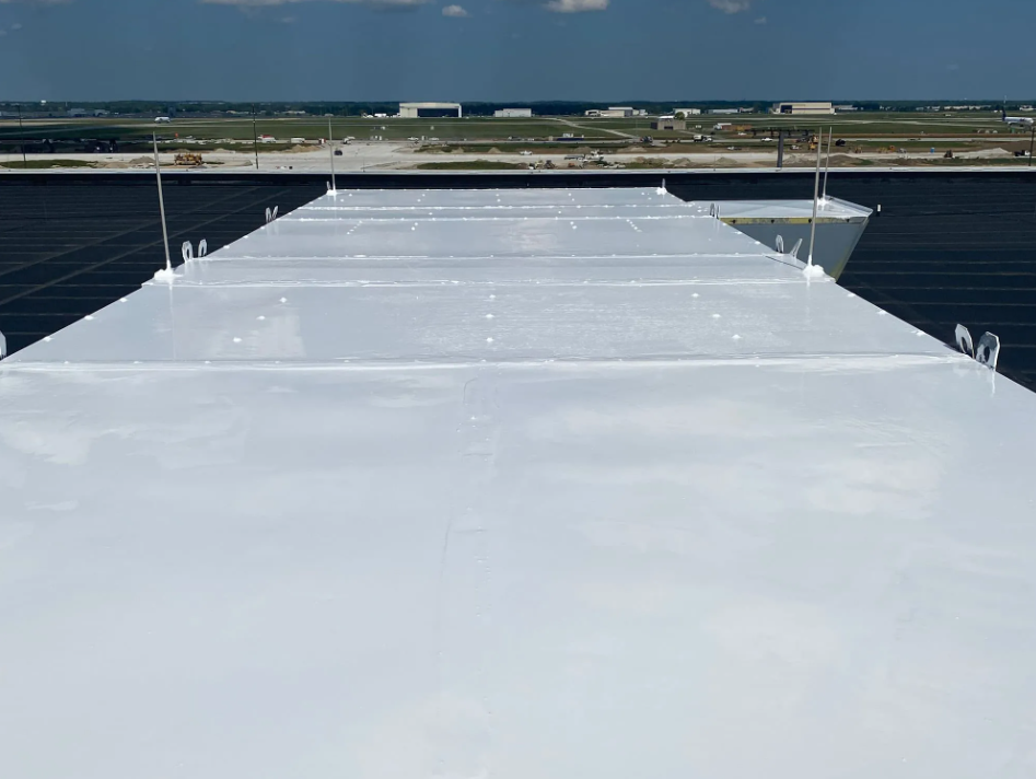 Aerial view of a repaid commercial facility's roof